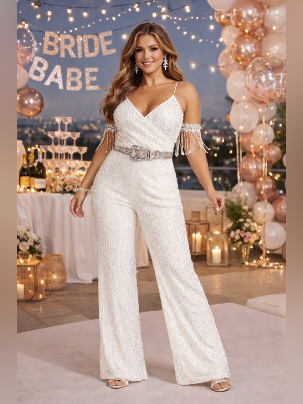 NEW David’s Bridal white sequined spaghetti strap blouson jumpsuit size 8
